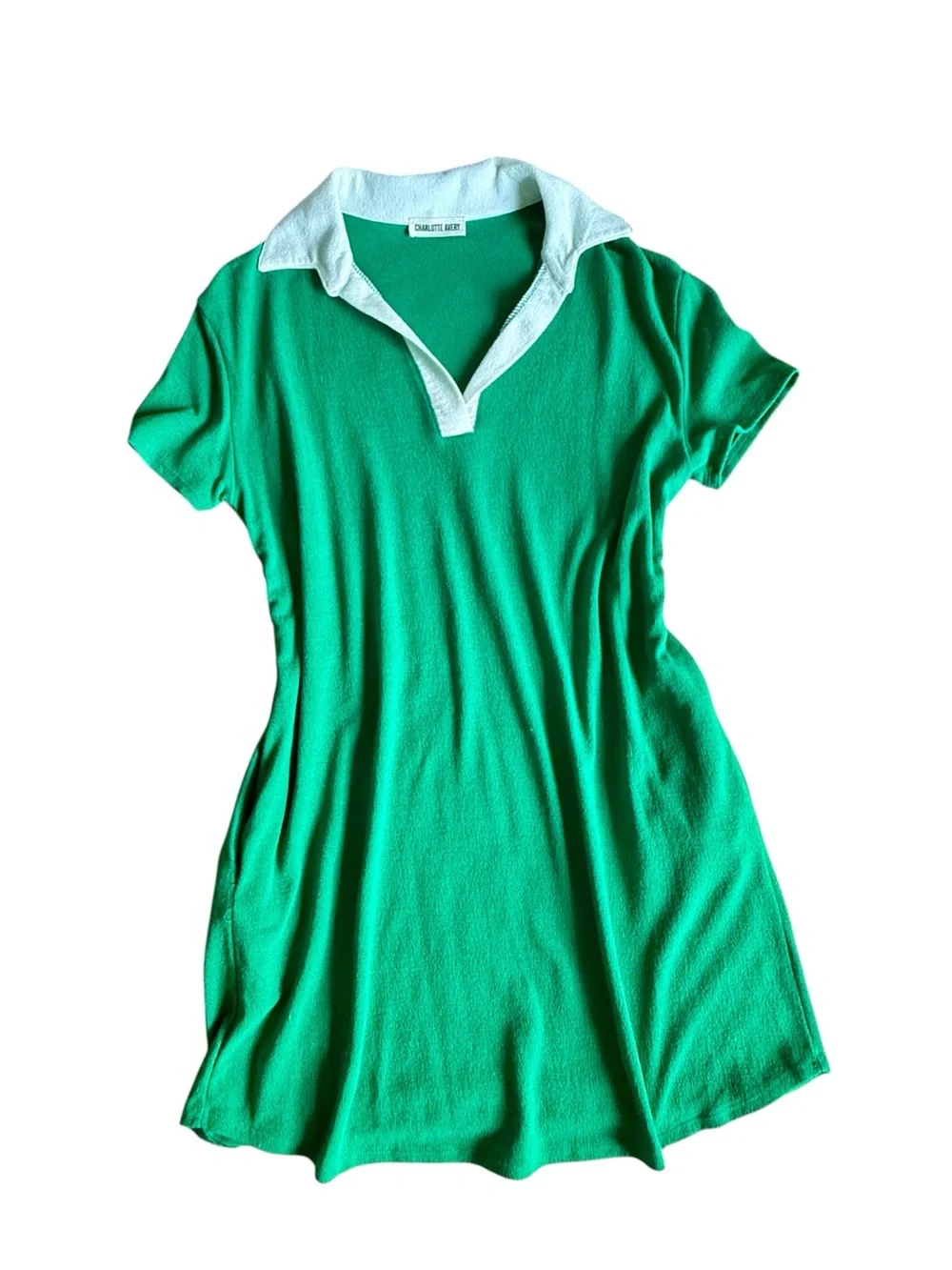 Charlotte Avery Kelly Green Collared Dress White Collar Crepe Hacci Pockets